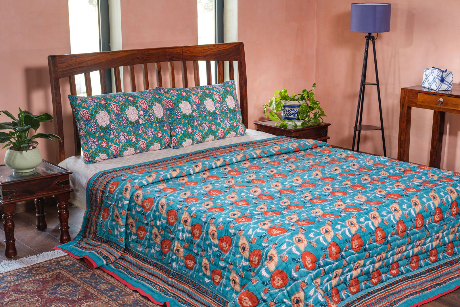 Hand Block Printed Cotton King Size Quilt Teal Flower 104167