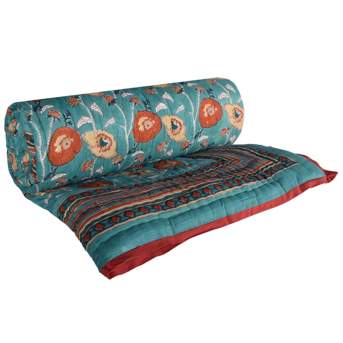 Hand Block Printed Cotton King Size Quilt Teal Flower 104167