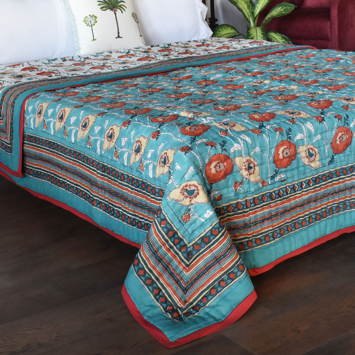 Hand Block Printed Cotton King Size Quilt Teal Flower 104167