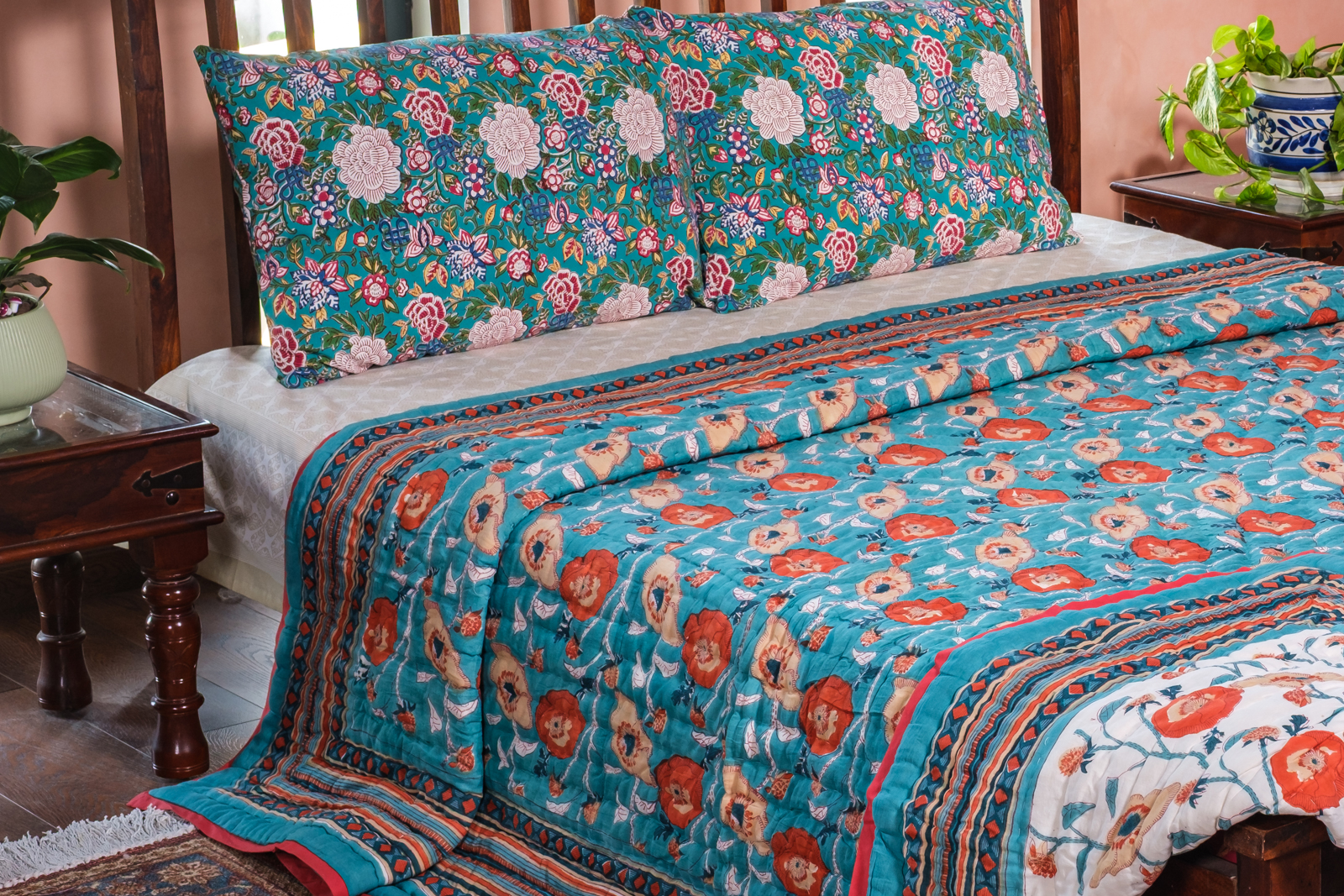 Hand Block Printed Cotton King Size Quilt Teal Flower 104167