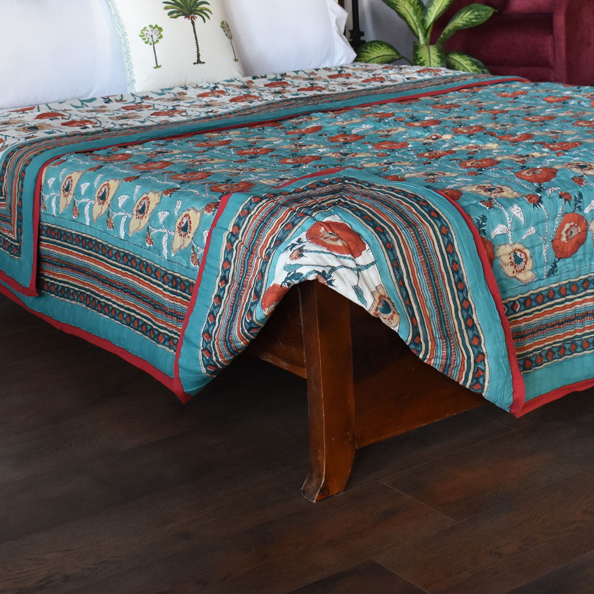 Hand Block Printed Cotton King Size Quilt  Teal Flower 104167