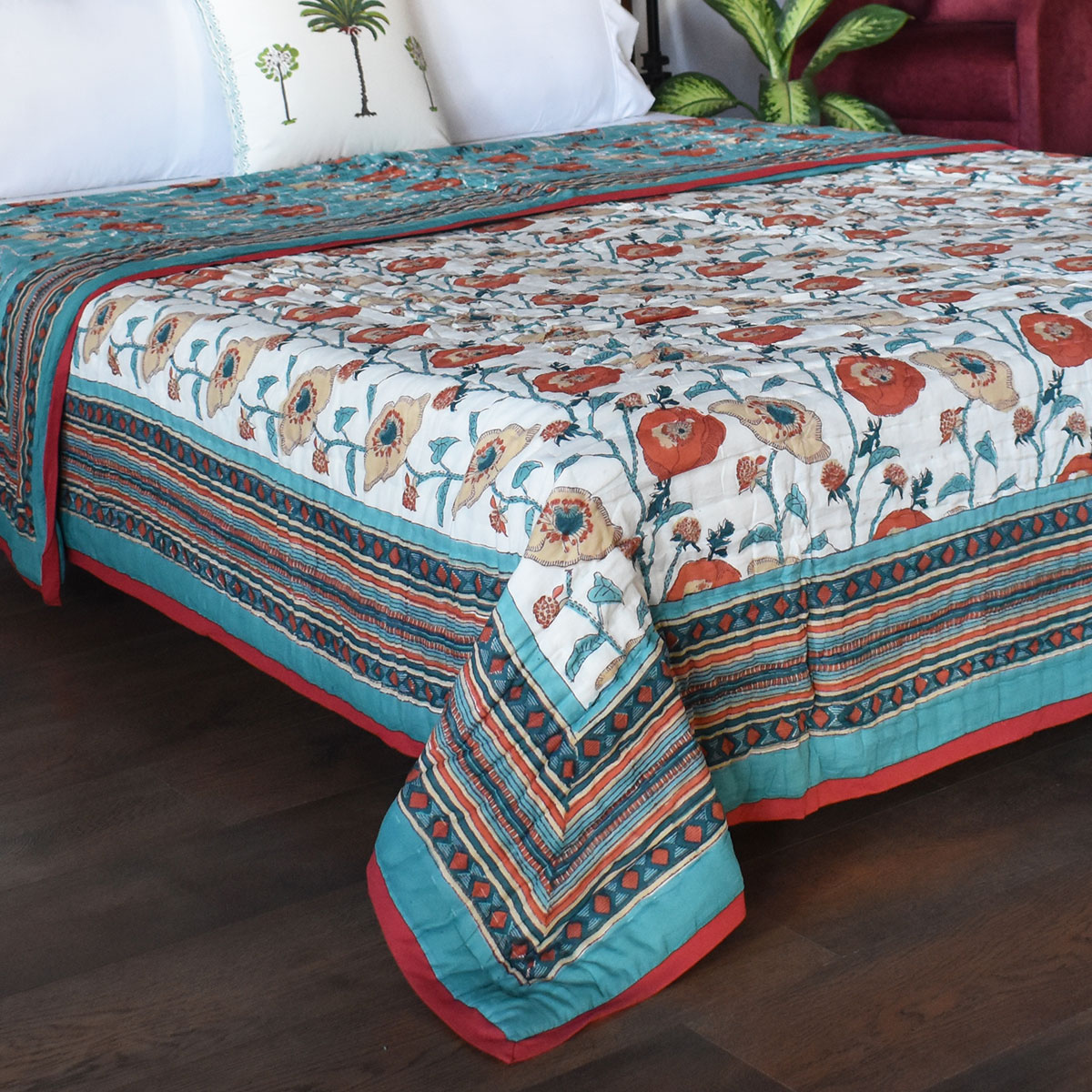 Hand Block Printed Cotton King Size Quilt Teal Flower 104167