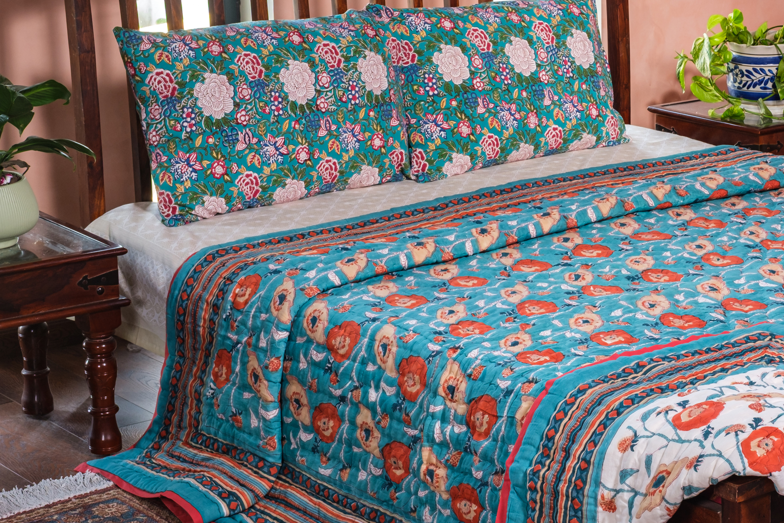 Hand Block Printed Cotton King Size Quilt Teal Flower 104167