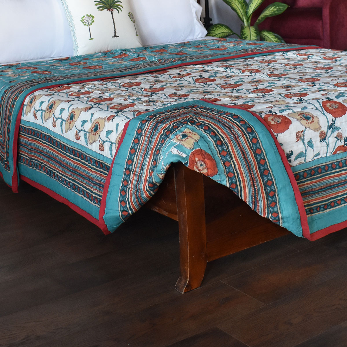 Hand Block Printed Cotton King Size Quilt Teal Flower 104167
