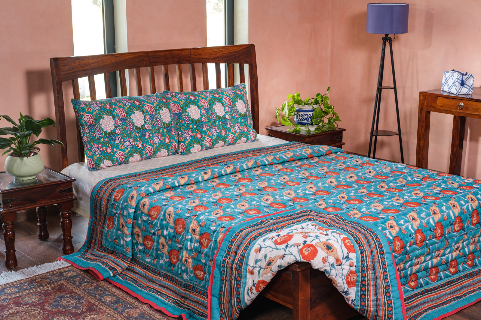 Hand Block Printed Cotton King Size Quilt Teal Flower 104167
