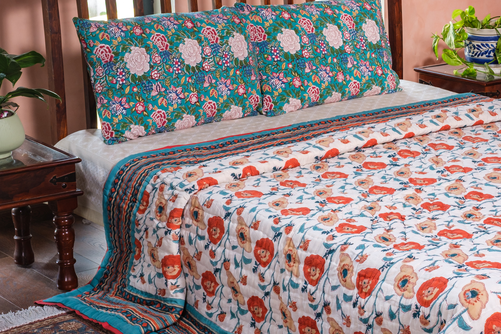 Hand Block Printed Cotton King Size Quilt Teal Flower 104167