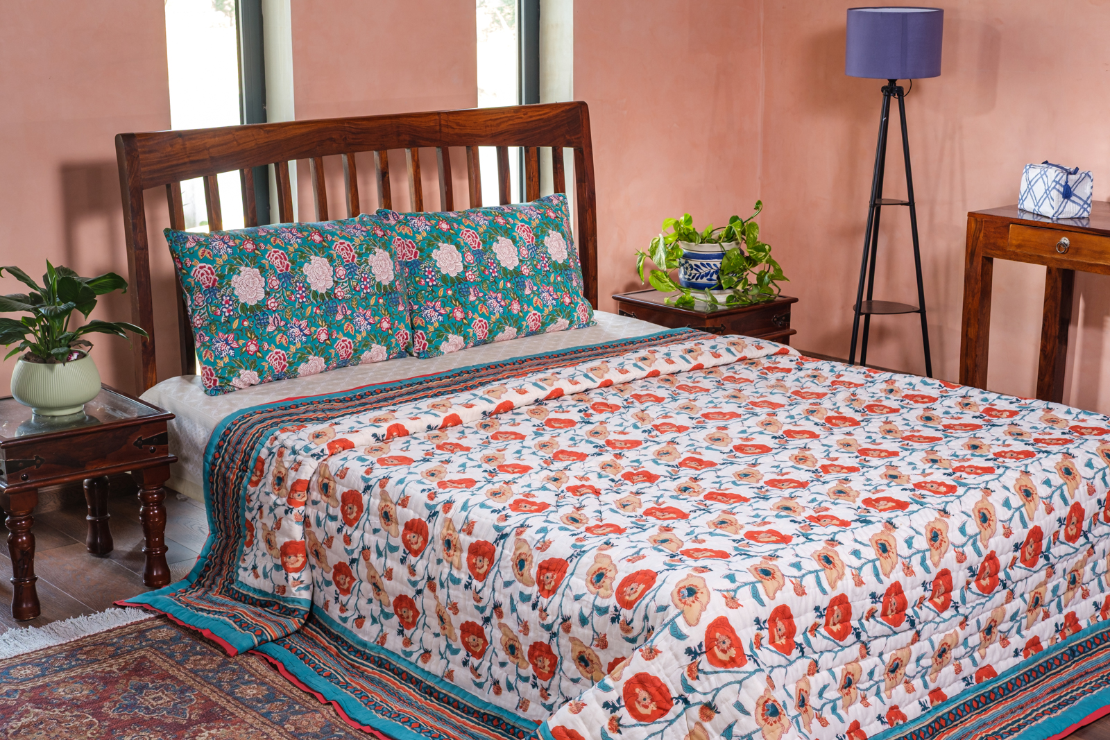 Hand Block Printed Cotton King Size Quilt Teal Flower 104167