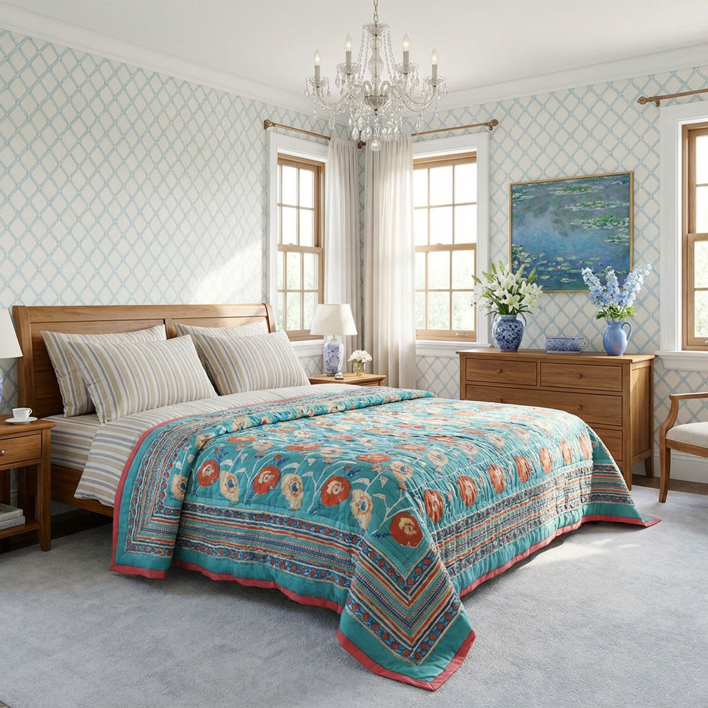 Hand Block Printed Twin Size Quilt Teal Flower 108549