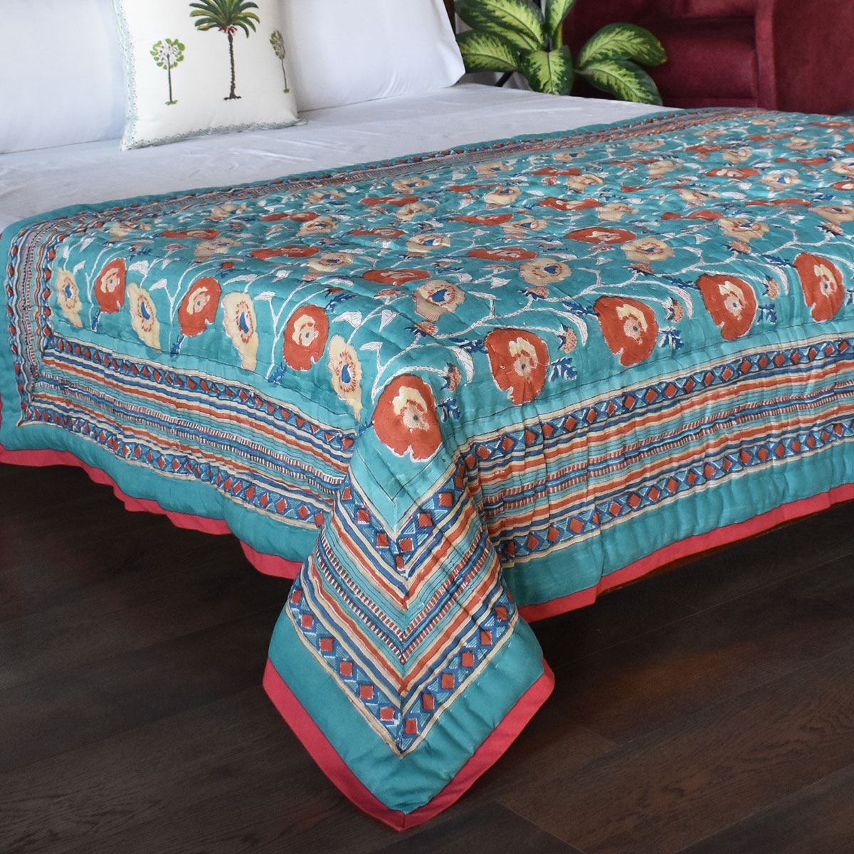 Hand Block Printed Twin Size Quilt Teal Flower 108549
