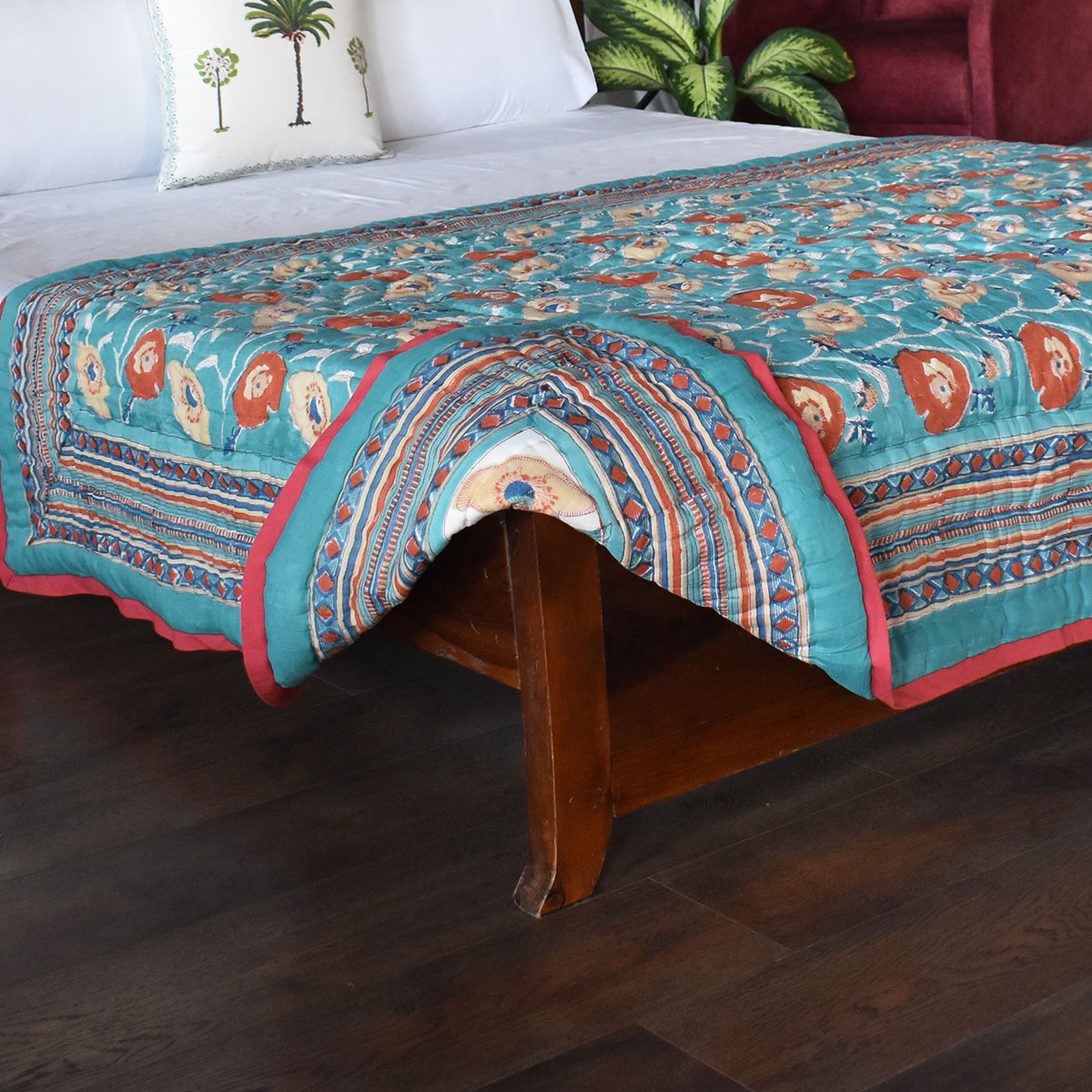 Hand Block Printed Twin Size Quilt Teal Flower 108549