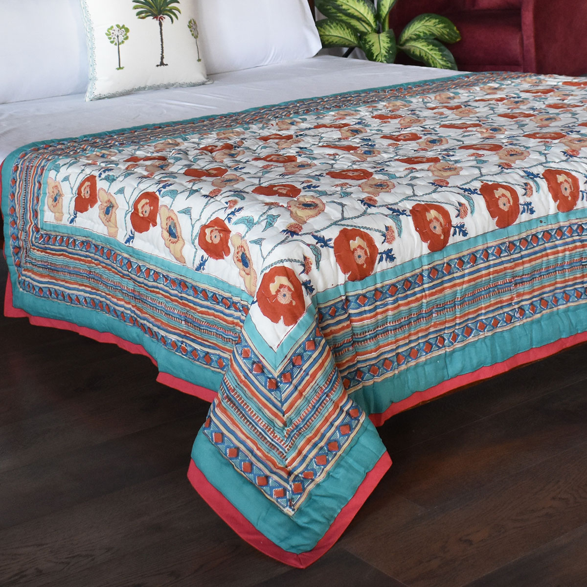 Hand Block Printed Twin Size Quilt Teal Flower 108549