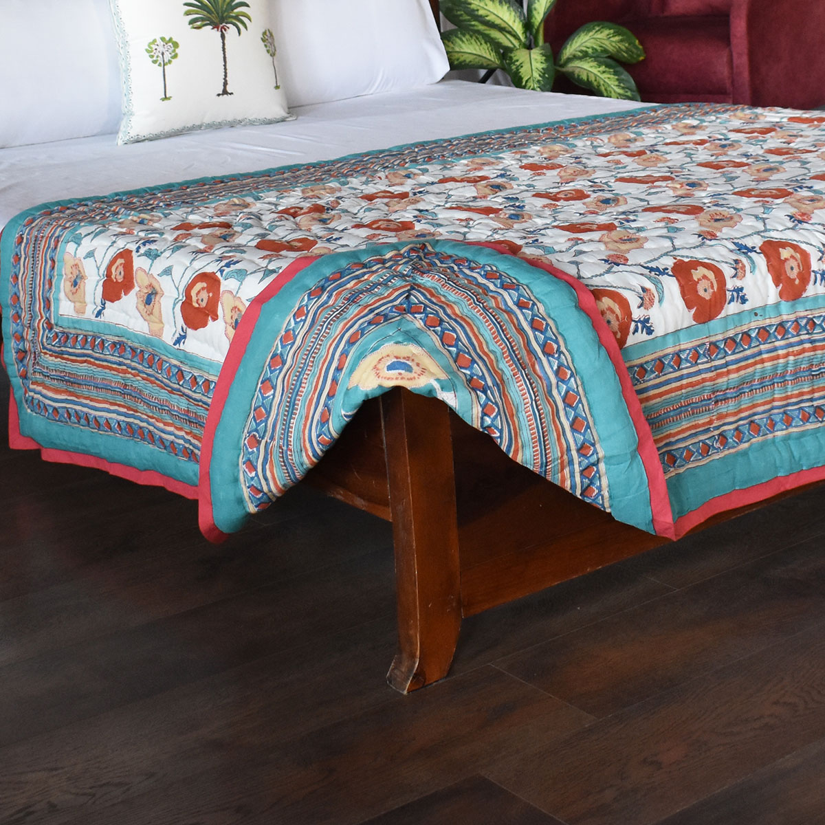 Hand Block Printed Twin Size Quilt Teal Flower 108549