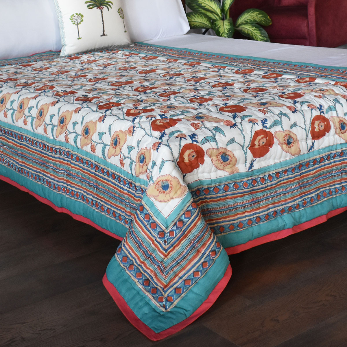 Hand Block Printed Twin Size Quilt Teal Flower 108549