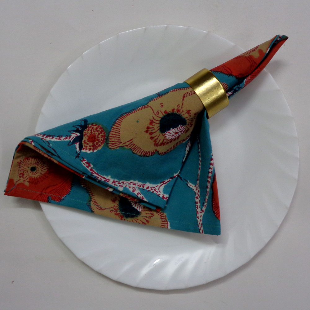 Hand Block Printed Cotton Napkin 45x45 cms Set of 4 Napkins Teal Flower Gud 100611