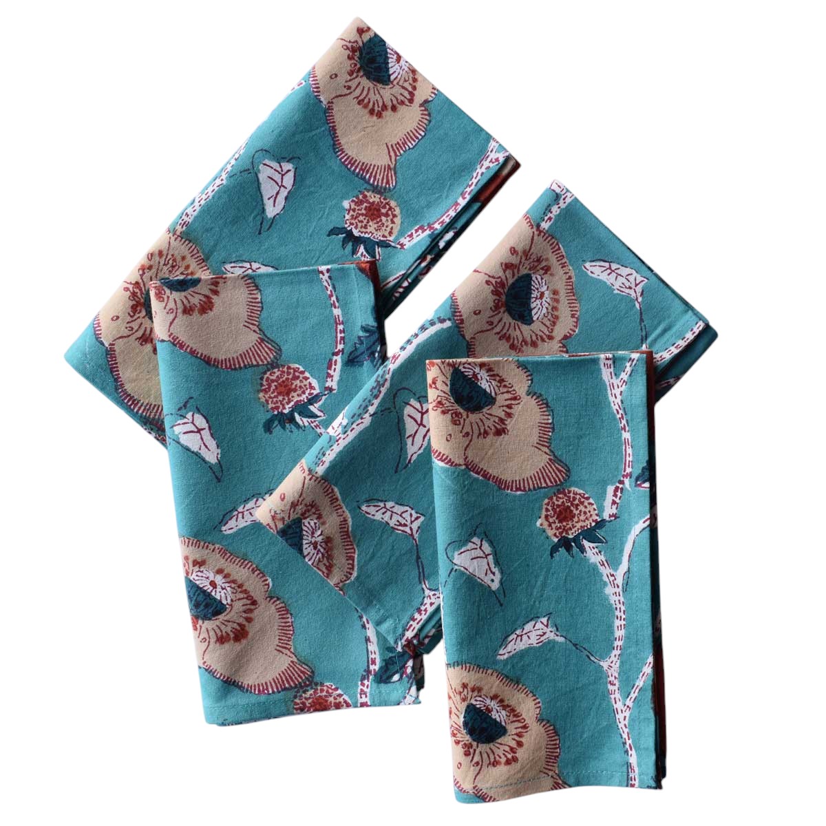 Hand Block Printed Cotton Napkin 45x45 cms Set of 4 Napkins Teal Flower Gud 100611