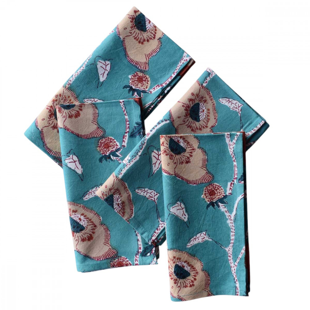 Image of Hand Block Printed Cotton Napkin 45x45 cms (Set of 4 Napkins) | Teal Flower Gud 100611
