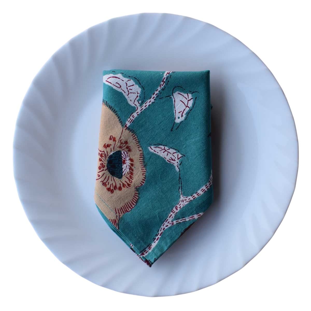 Hand Block Printed Cotton Napkin 45x45 cms Set of 4 Napkins Teal Flower Gud 100611