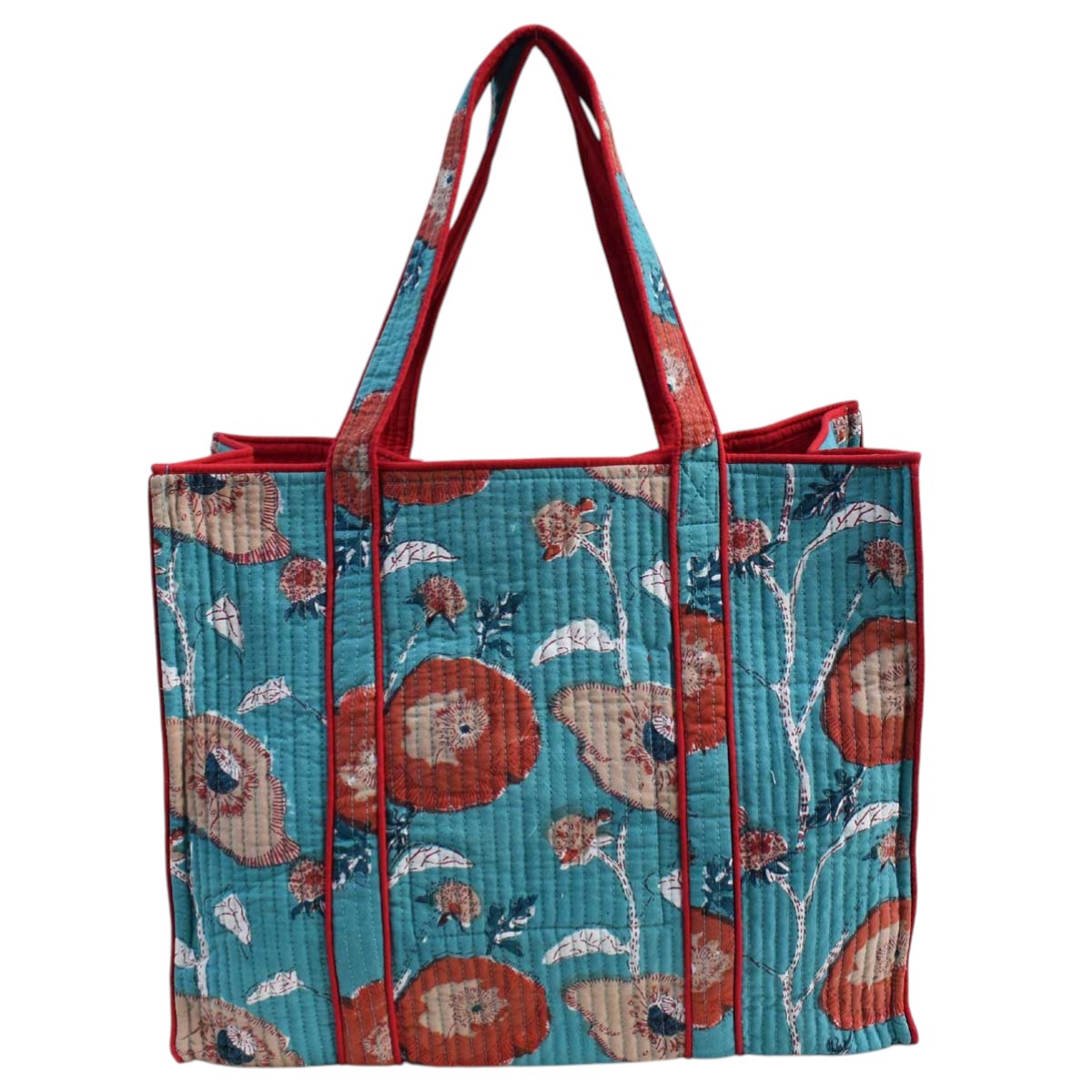 Hand Block Printed Cotton Quilted Tote Bag  Teal Flower Gud 105899