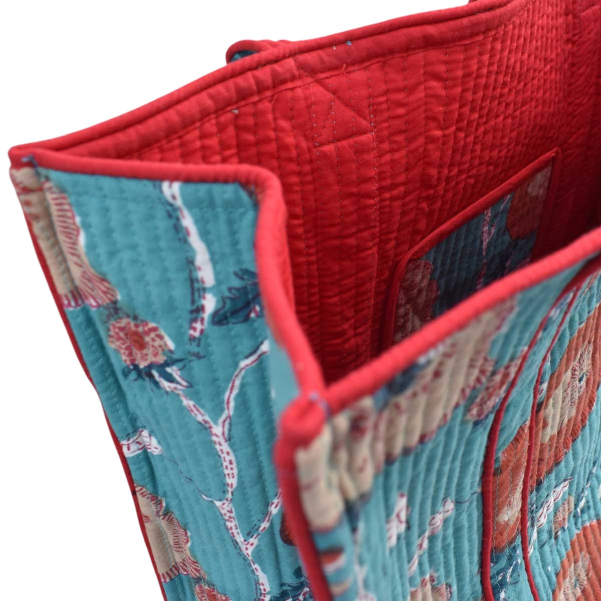 Hand Block Printed Cotton Quilted Tote Bag Teal Flower Gud 105899