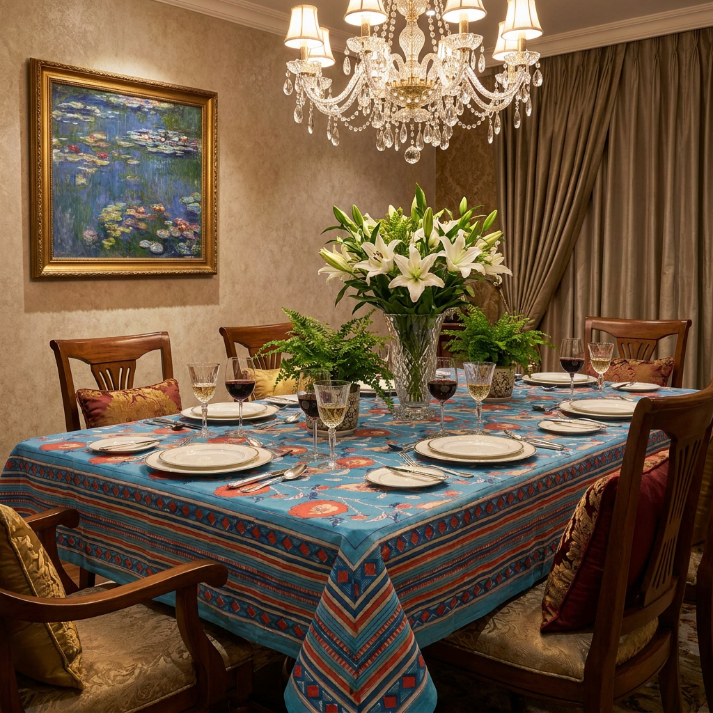 Hand Block Printed Cotton Tablecloth 150x220 cms Teal Flower Gud 109115