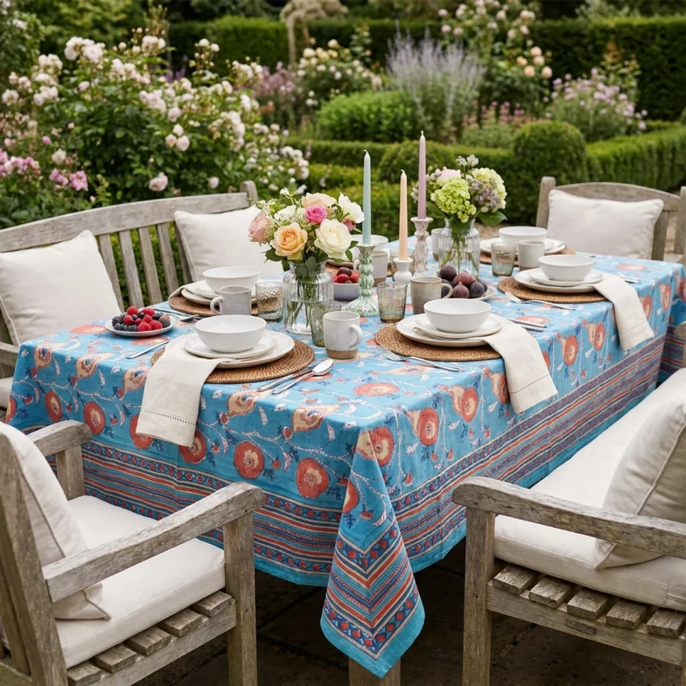 Image of Hand Block Printed Cotton Tablecloth 180x270 cms | Teal Flower Gud 109115