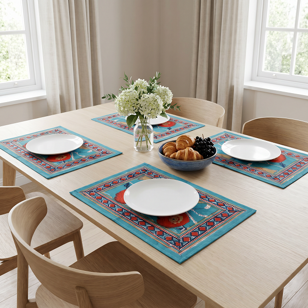 Hand Block Printed Cotton Canvas Table Mat 32x48 cms Set of 2 Table mats Teal Flower Gud 205130