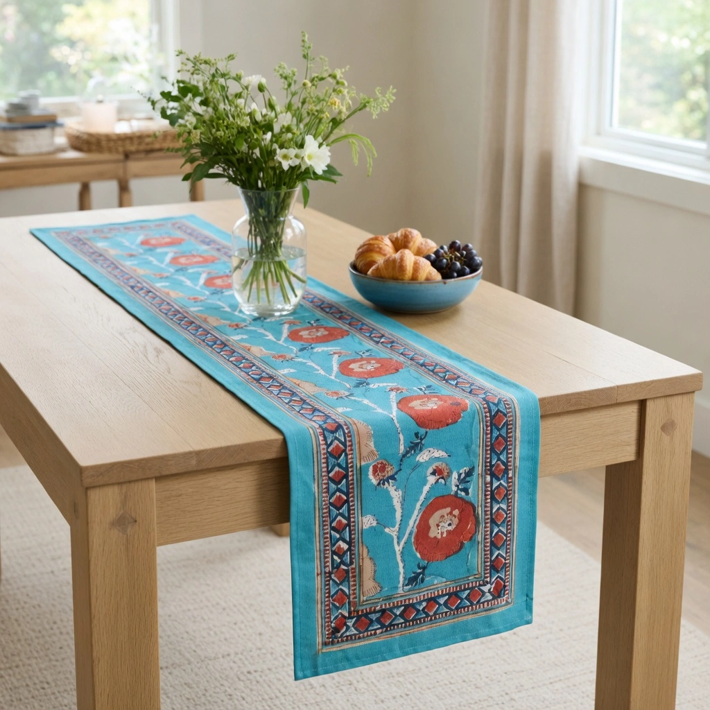 Hand Block Printed Cotton Canvas Table Runner 33x170 cms Teal Flower Gud 205147