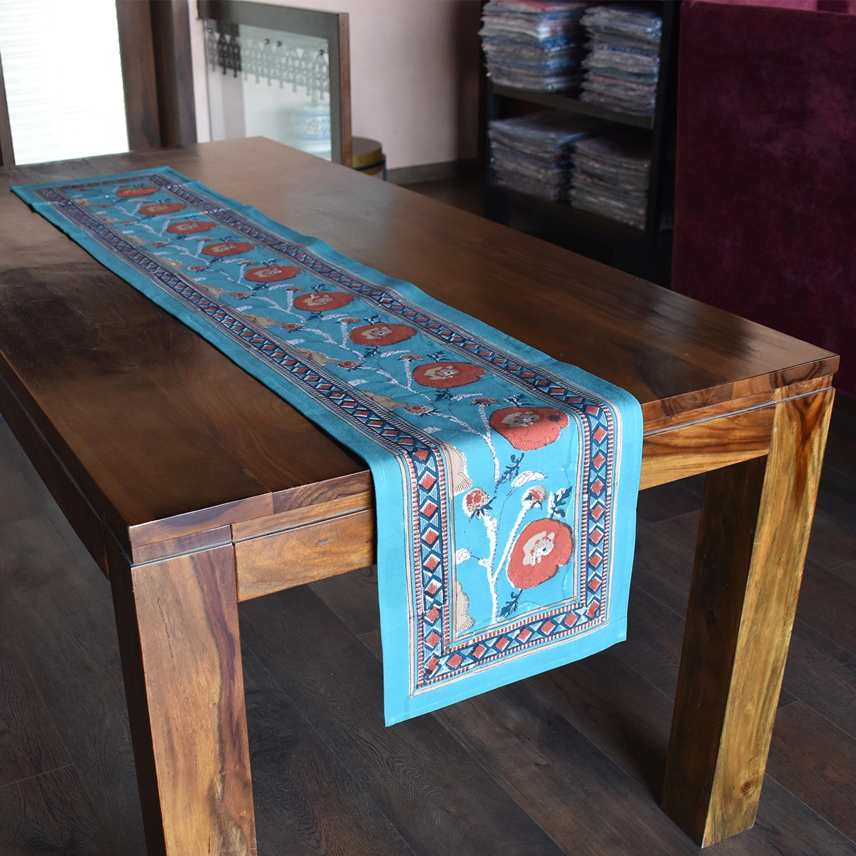 Hand Block Printed Cotton Canvas Table Runner 33x170 cms Teal Flower Gud 205147