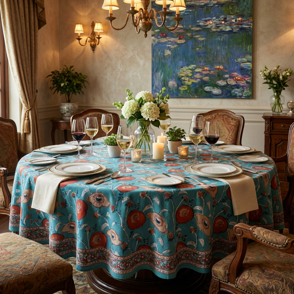 Image of Hand Block Printed Cotton Round Tablecloth 220 cm | Teal Flower Gud 205160