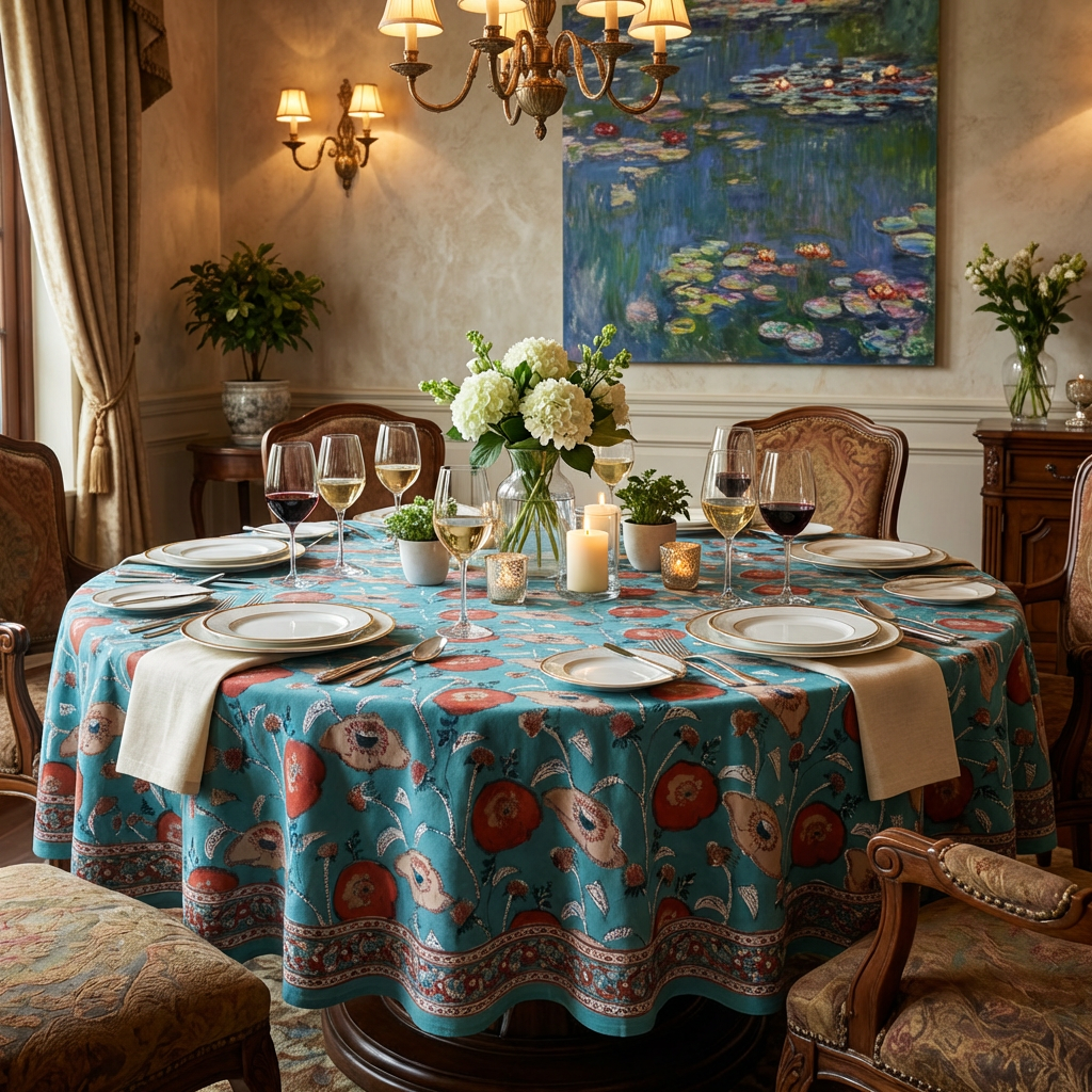 Hand Block Printed Cotton Round Tablecloth 180 cms Teal Flower Gud 205160