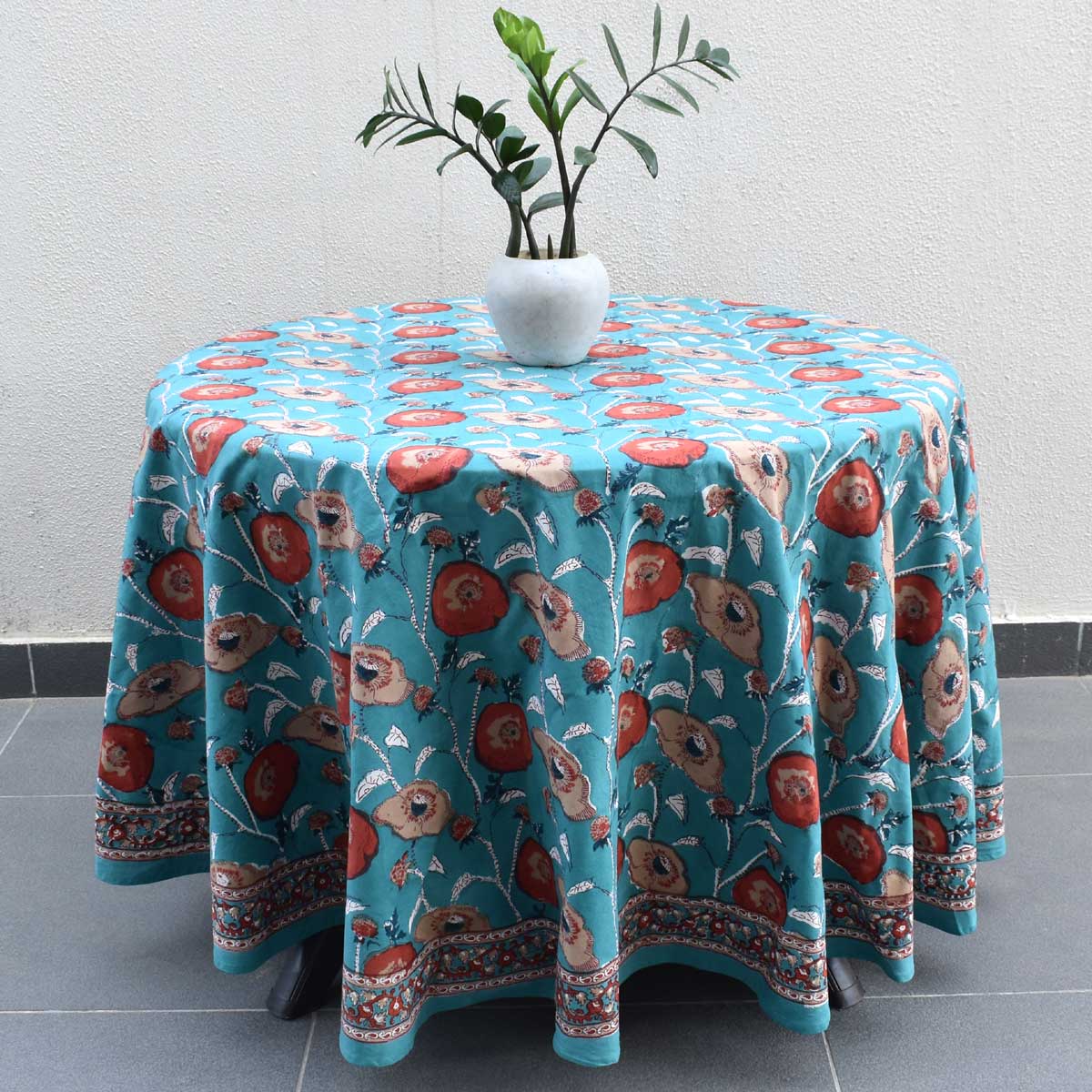 Hand Block Printed Cotton Round Tablecloth 180 cms Teal Flower Gud 205160