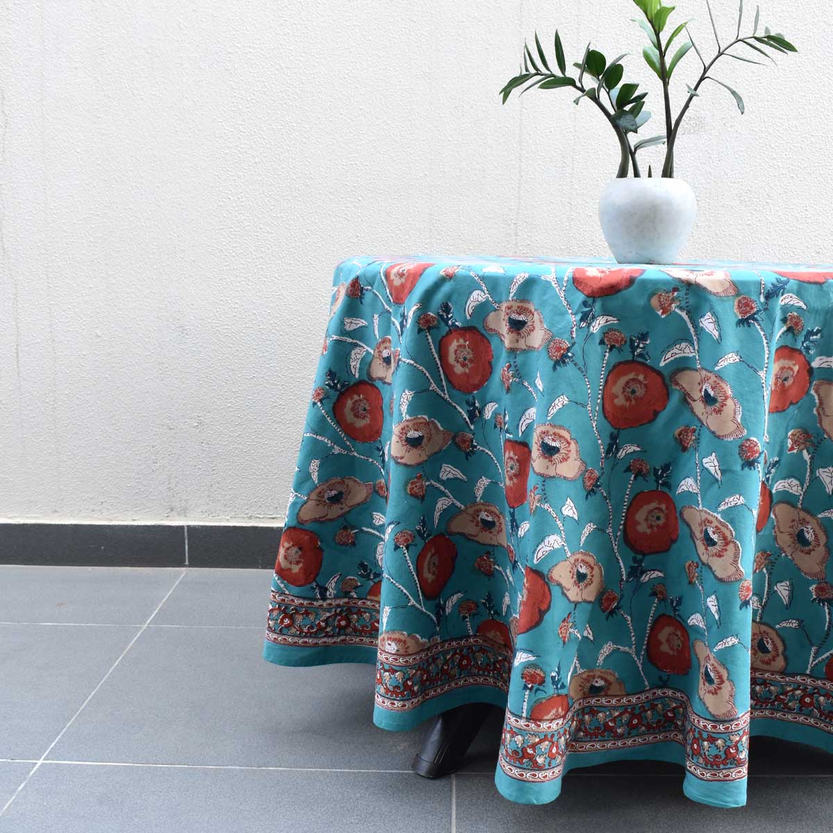 Hand Block Printed Cotton Round Tablecloth 220 cm Teal Flower Gud 205160