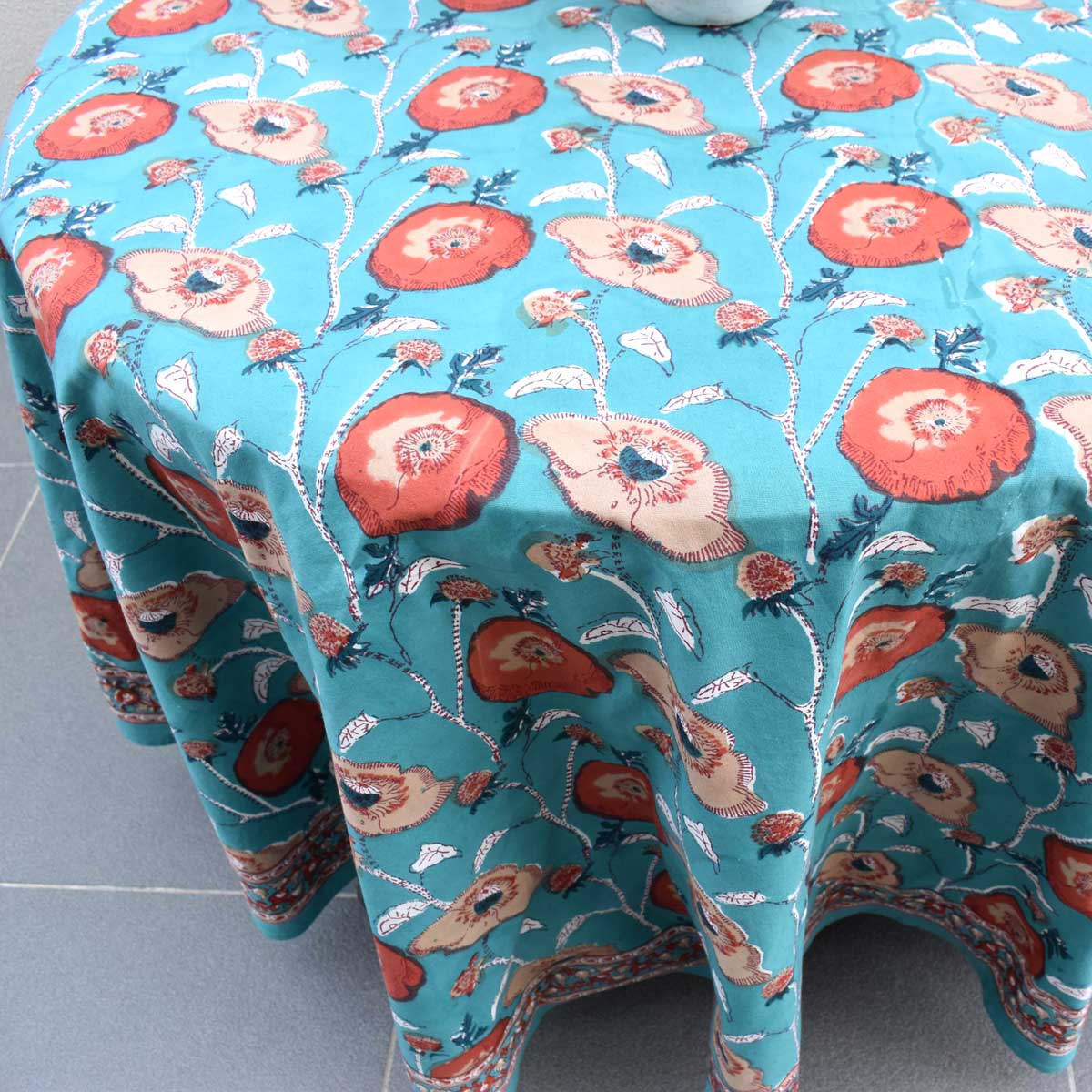 Hand Block Printed Cotton Round Tablecloth 220 cm  Teal Flower Gud 205160