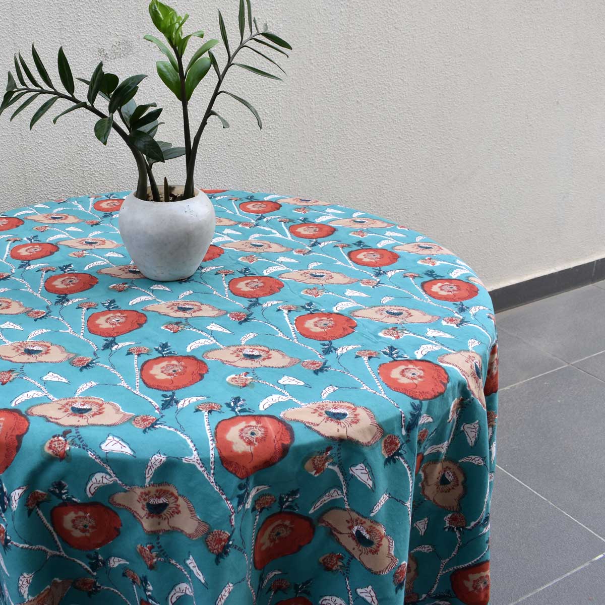 Hand Block Printed Cotton Round Tablecloth 275 cms Teal Flower Gud 205160