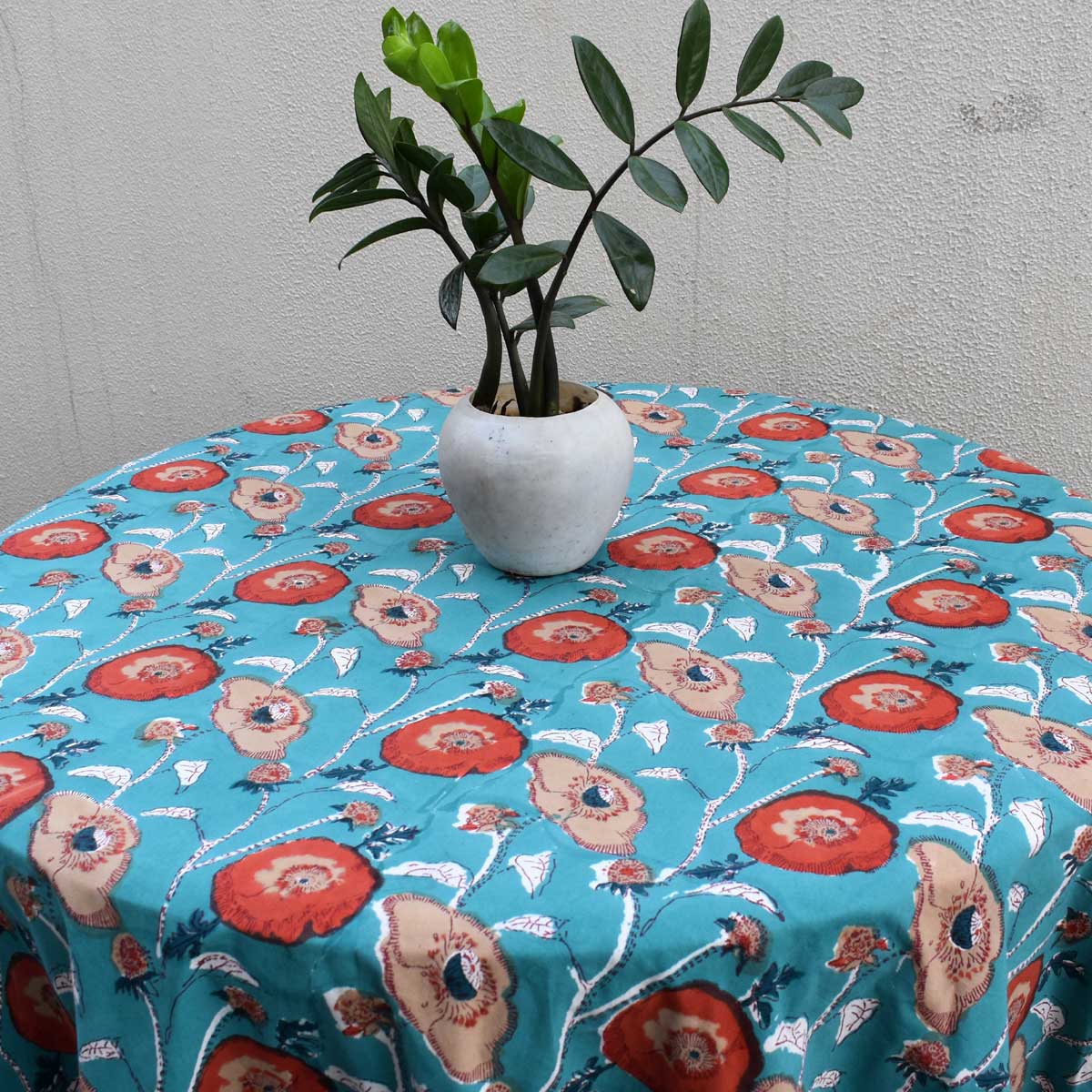 Hand Block Printed Cotton Round Tablecloth 180 cms Teal Flower Gud 205160