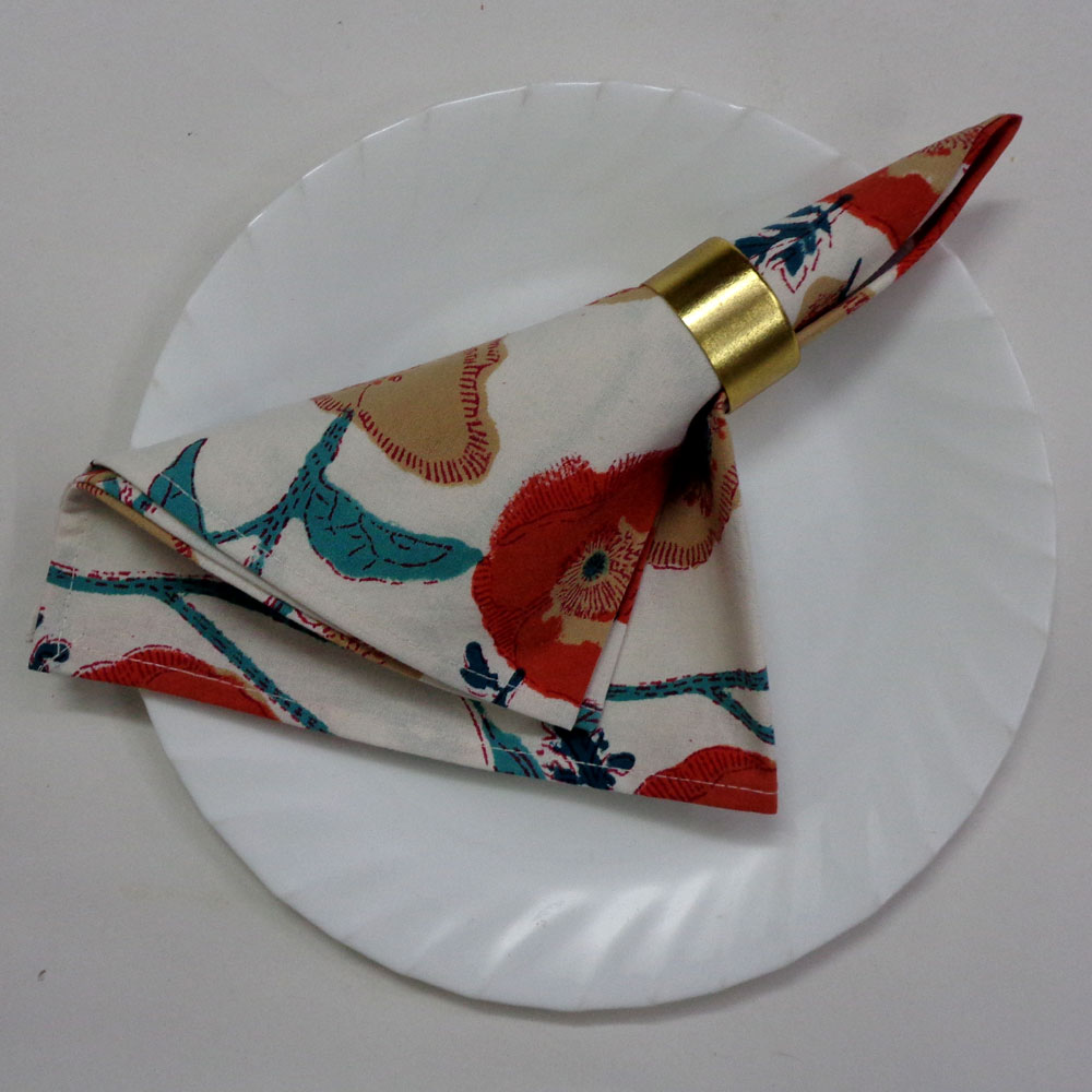 Hand Block Printed Cotton Napkin 45x45 Set of 4 Napkins Teal Flower Open 100599