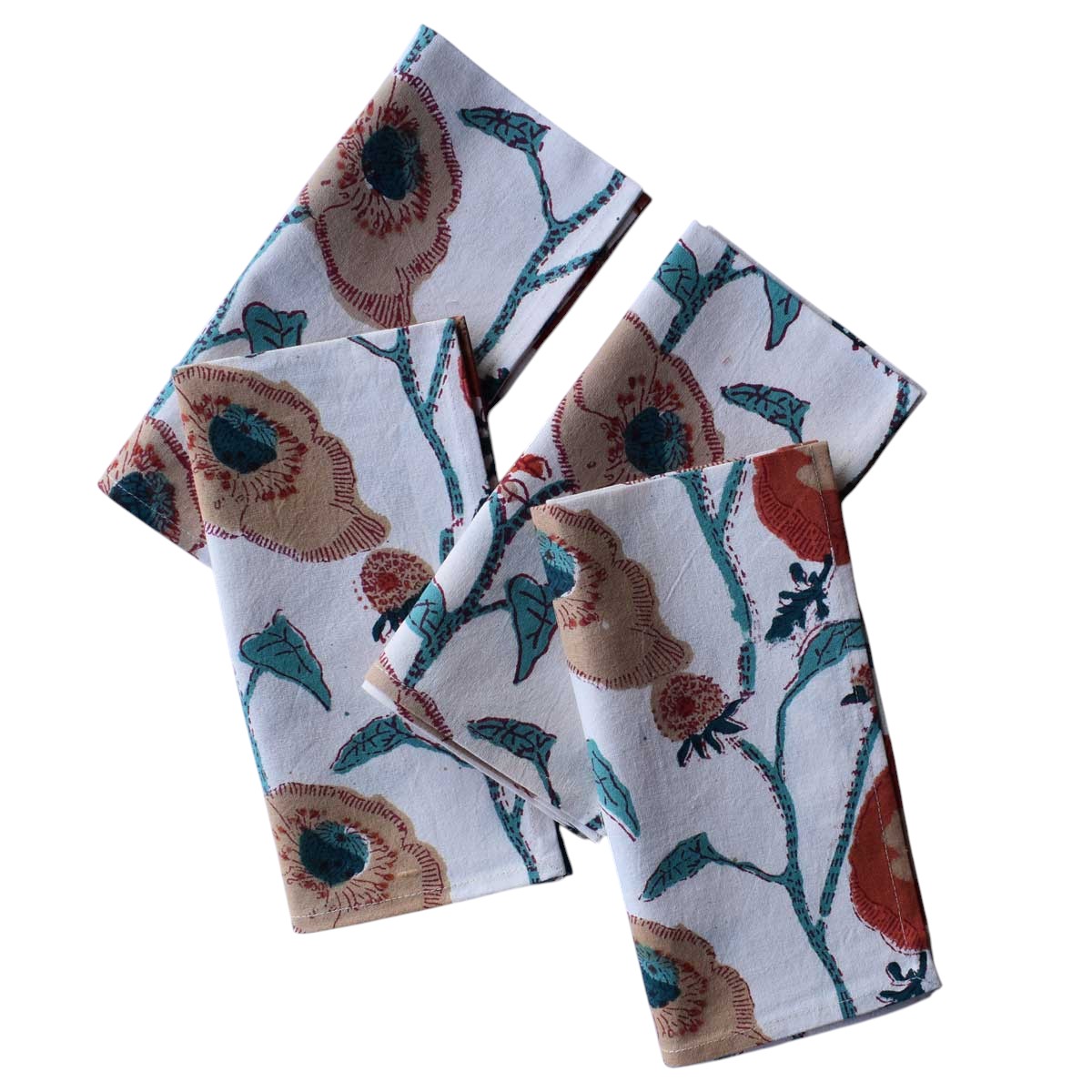 Hand Block Printed Cotton Napkin 45x45 Set of 4 Napkins  Teal Flower Open 100599
