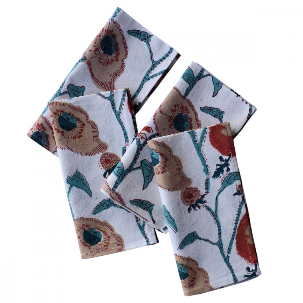 Image of Hand Block Printed Cotton Napkin 45x45 (Set of 4 Napkins) | Teal Flower Open 100599