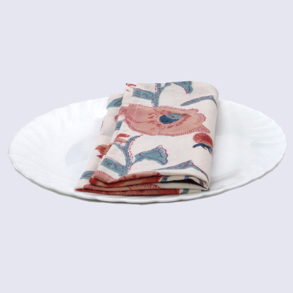 Hand Block Printed Cotton Napkin 45x45 Set of 4 Napkins Teal Flower Open 100599