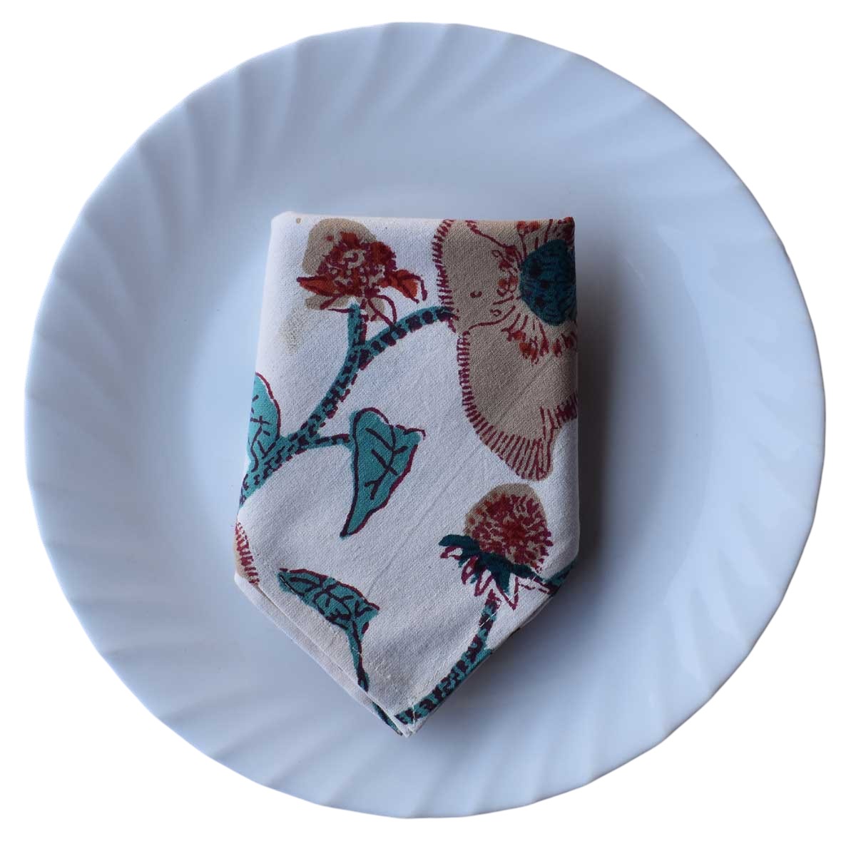 Hand Block Printed Cotton Napkin 45x45 Set of 4 Napkins  Teal Flower Open 100599