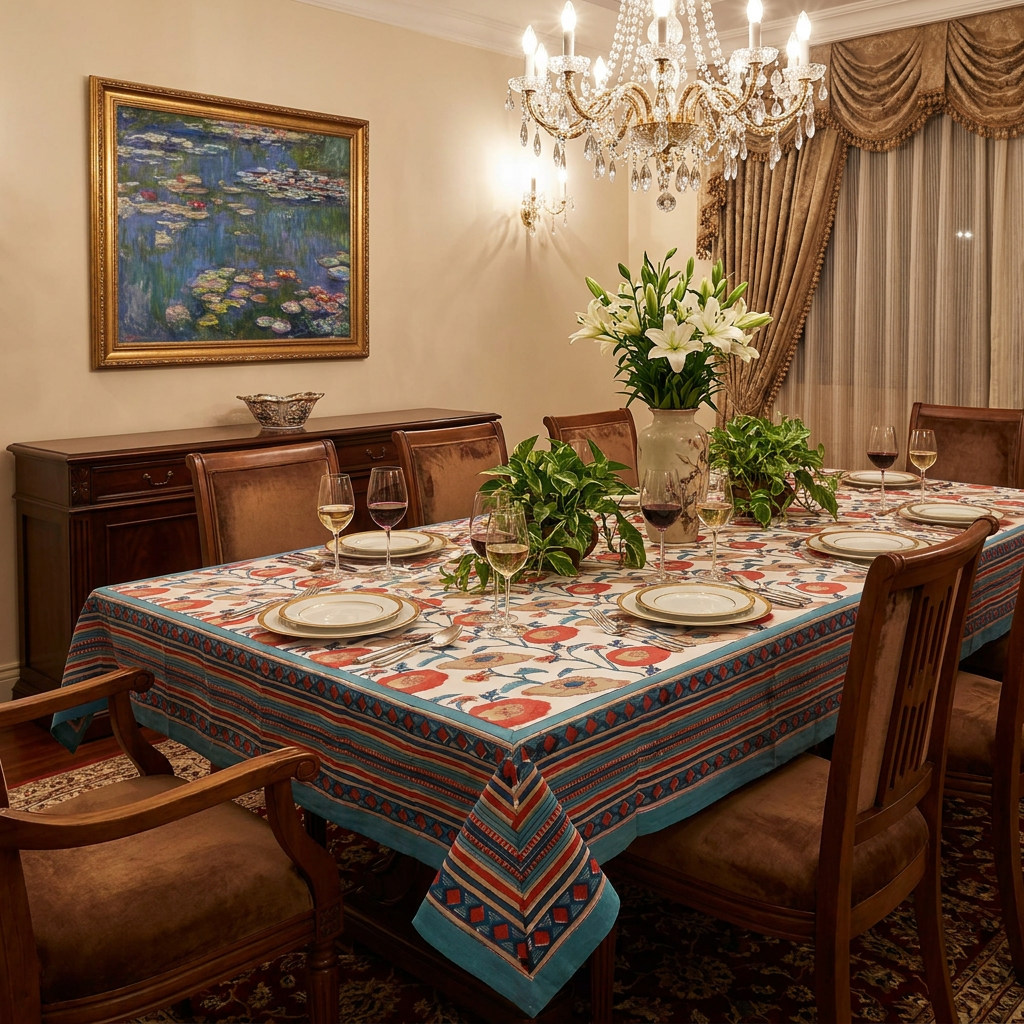 Tablecloth 12 seater in Cotton Hand Block Printed Cotton Tablecloth 180x340 cms Teal Flower Open 109977