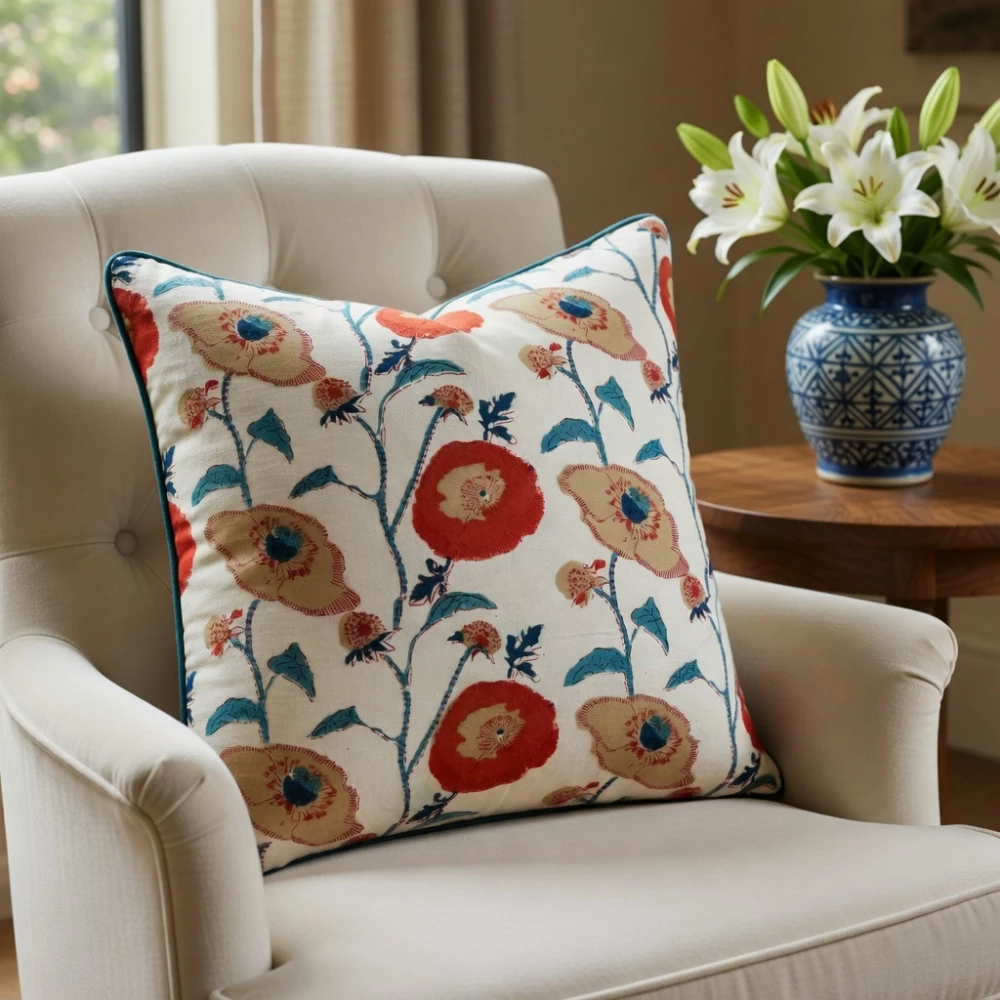 Image of Piping Cushion Cover 50x50 cms | Teal Flower Open 200858