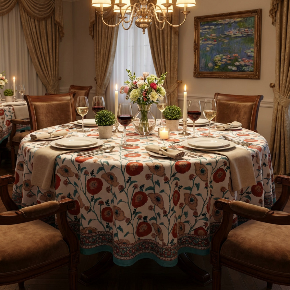 Image of Hand Block Printed Cotton Round Tablecloth 275 cms | Teal Flower Open 205165