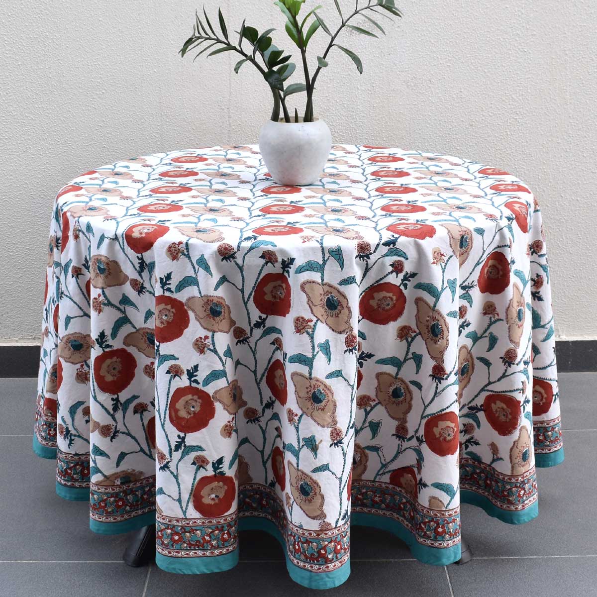 Hand Block Printed Cotton Round Tablecloth 220 cm Teal Flower Open 205165