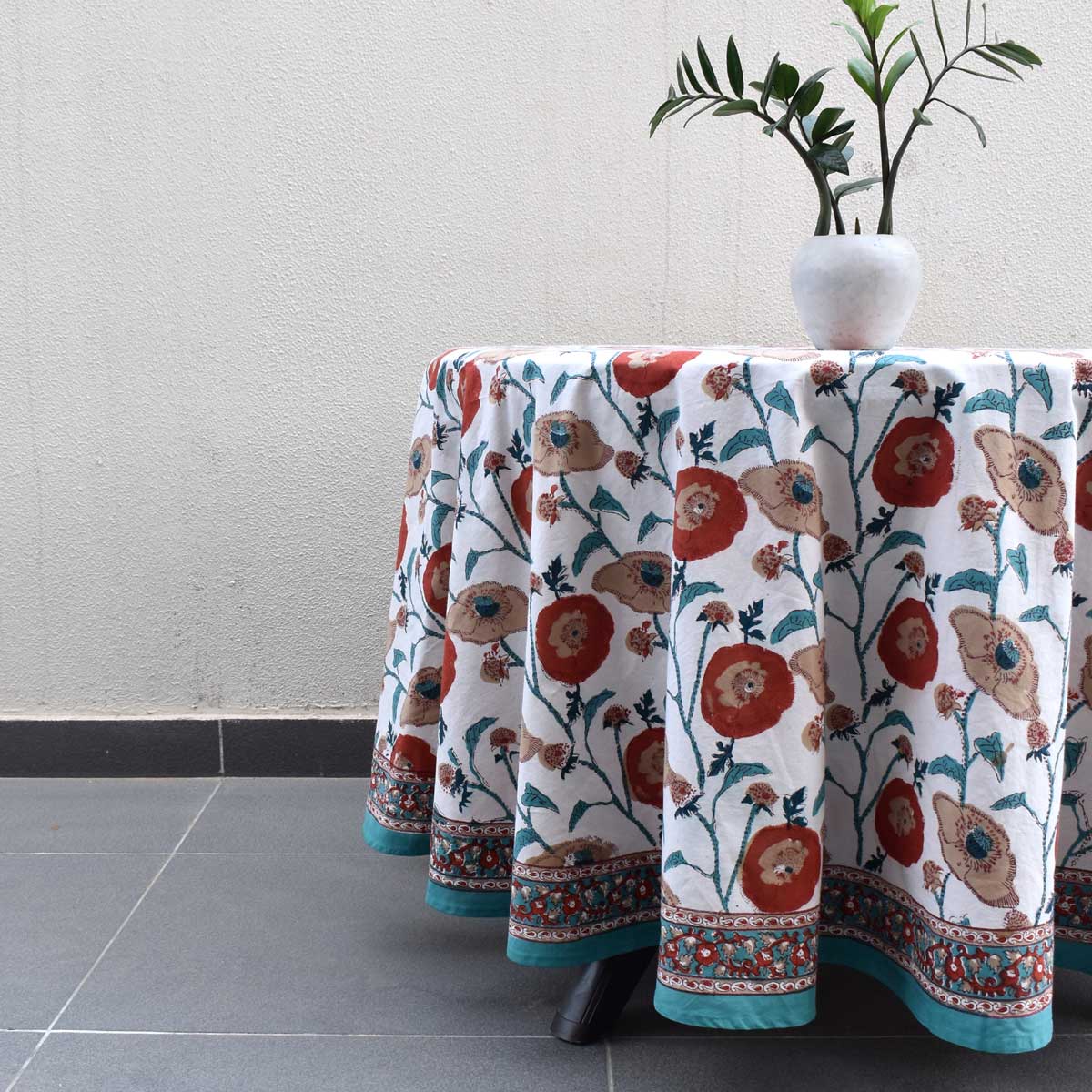 Hand Block Printed Cotton Round Tablecloth 220 cm Teal Flower Open 205165