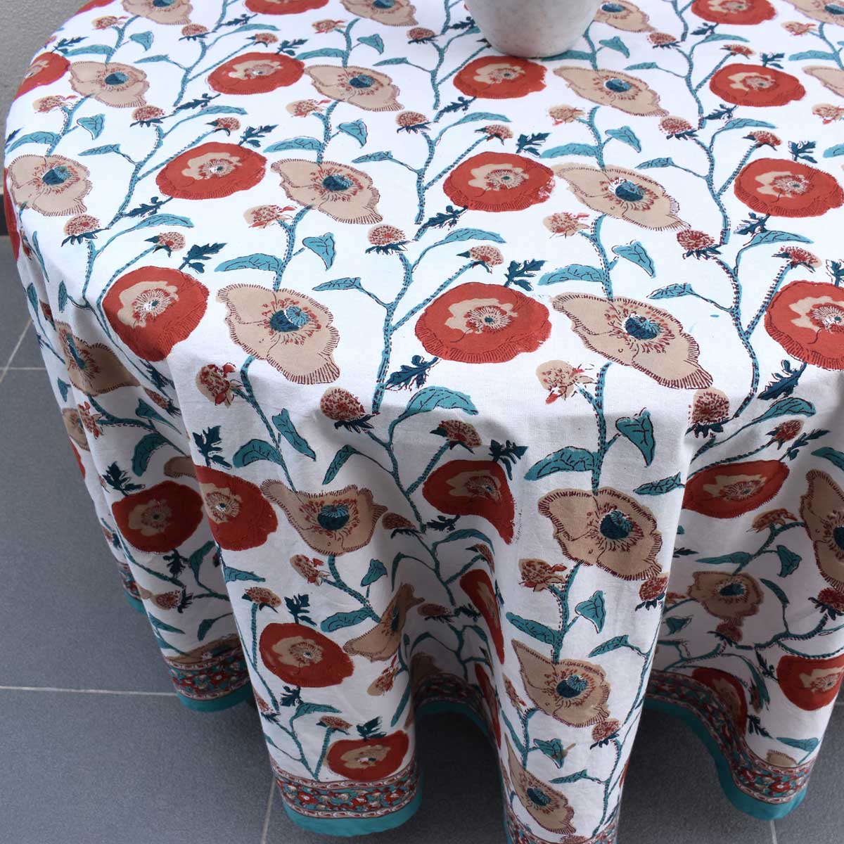 Hand Block Printed Cotton Round Tablecloth 220 cm Teal Flower Open 205165