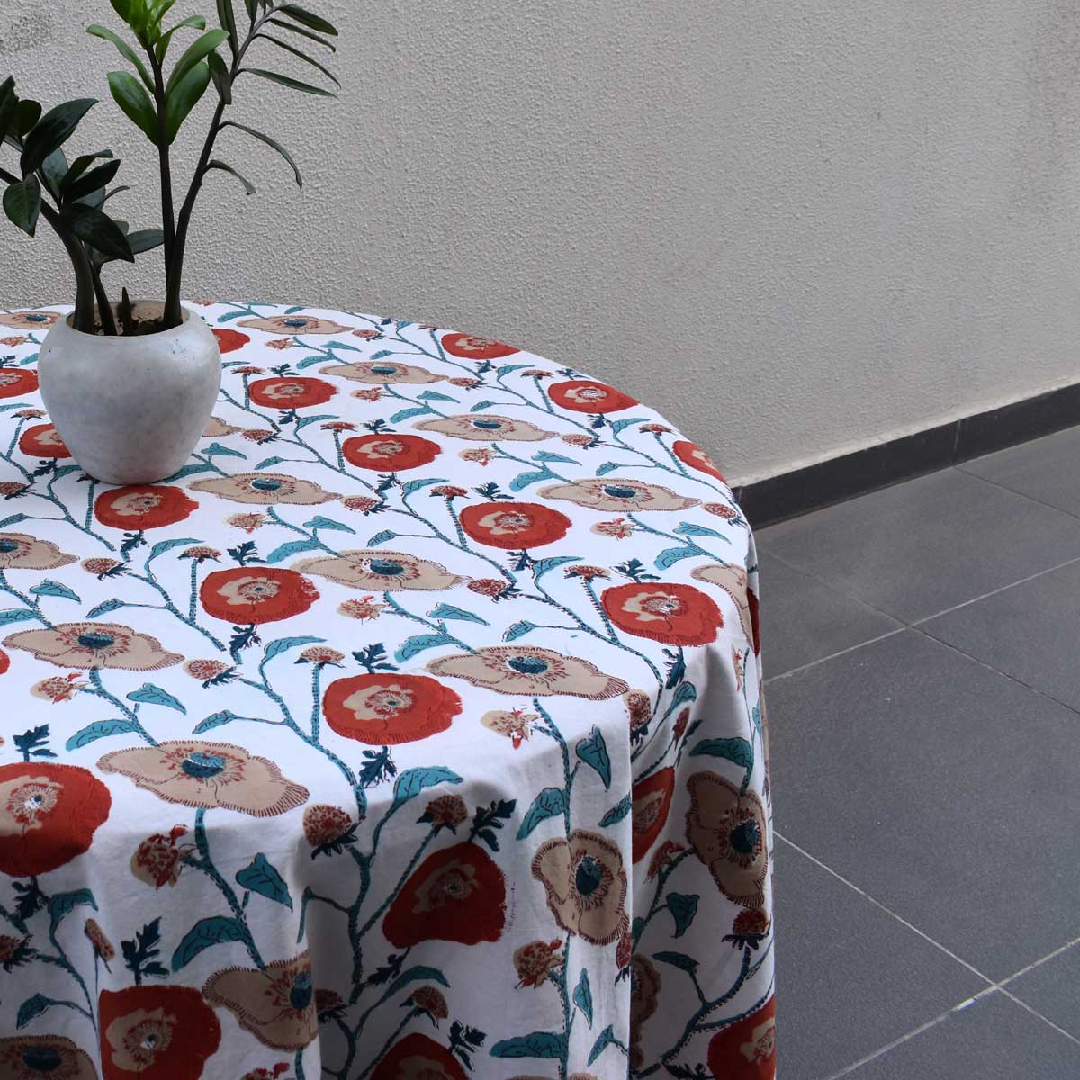Hand Block Printed Cotton Round Tablecloth 275 cms Teal Flower Open 205165