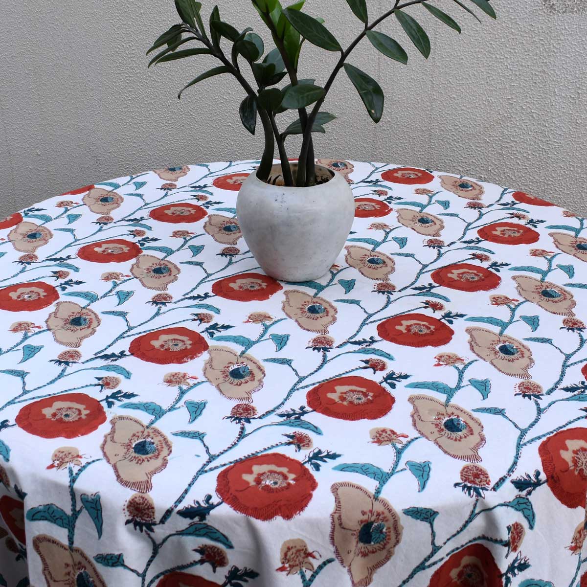 Hand Block Printed Cotton Round Tablecloth 275 cms Teal Flower Open 205165