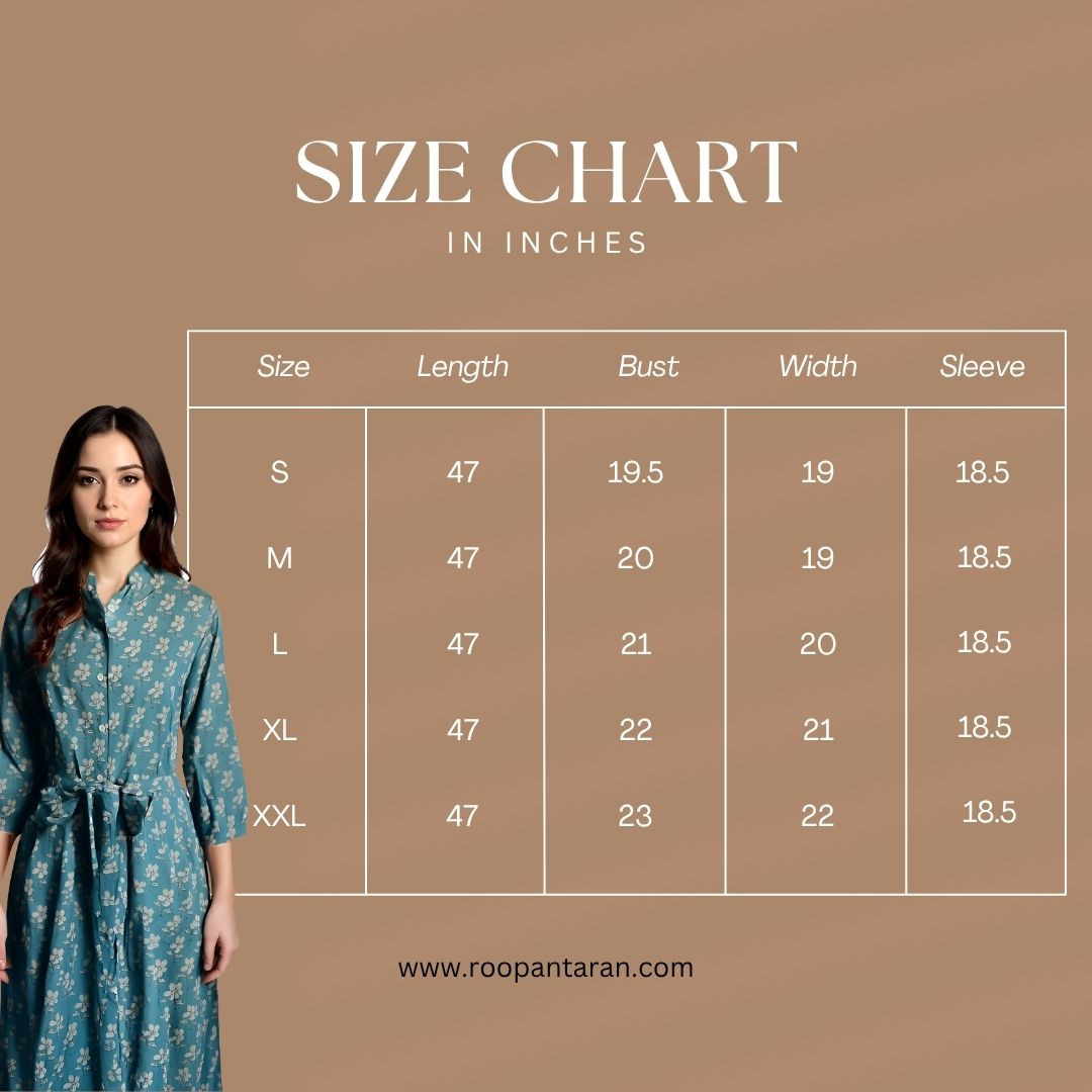 Aqua Hand Printed Cotton Long Shirt Dress for Women