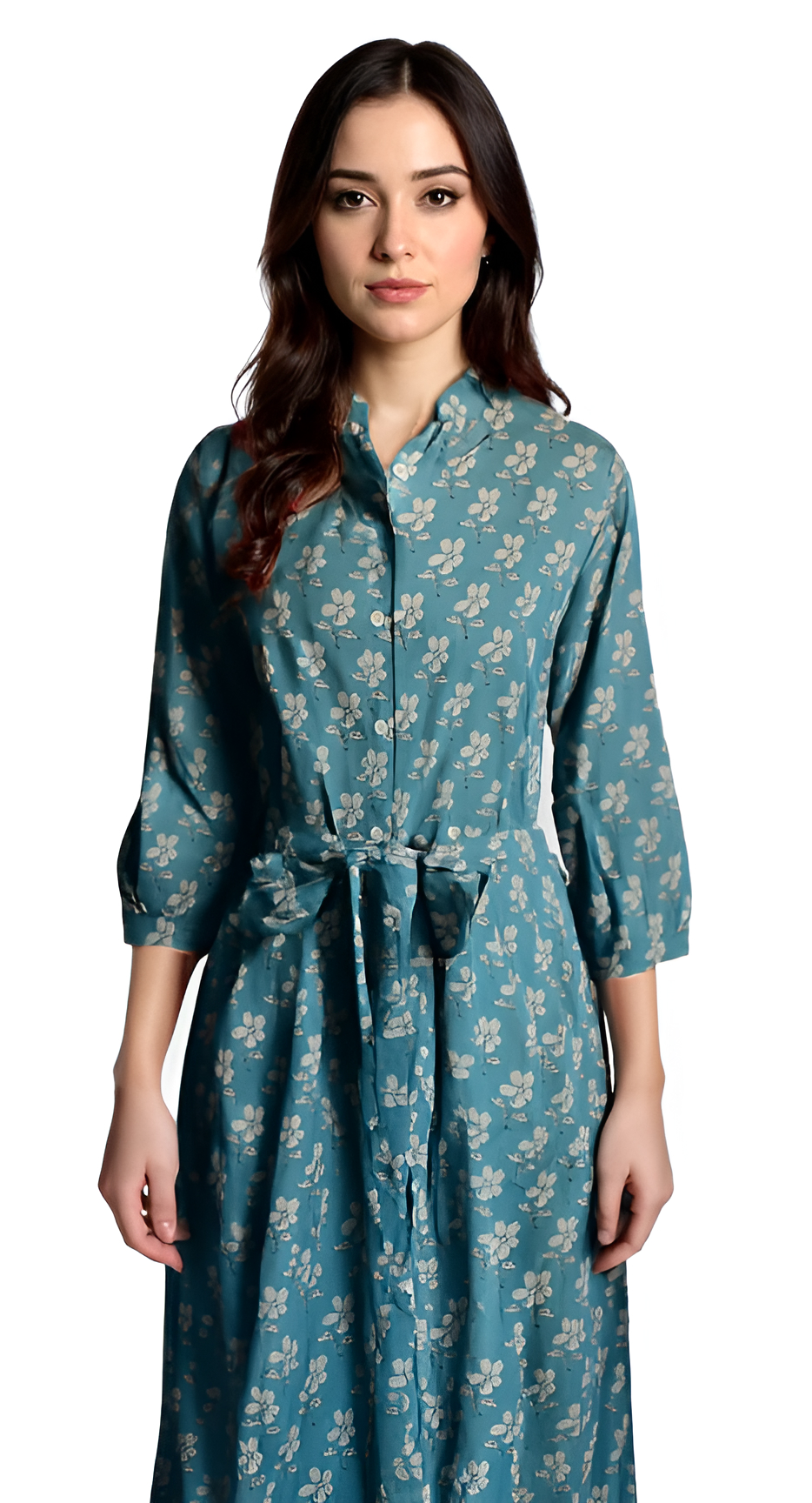 Aqua Hand Printed Cotton Long Shirt Dress for Women